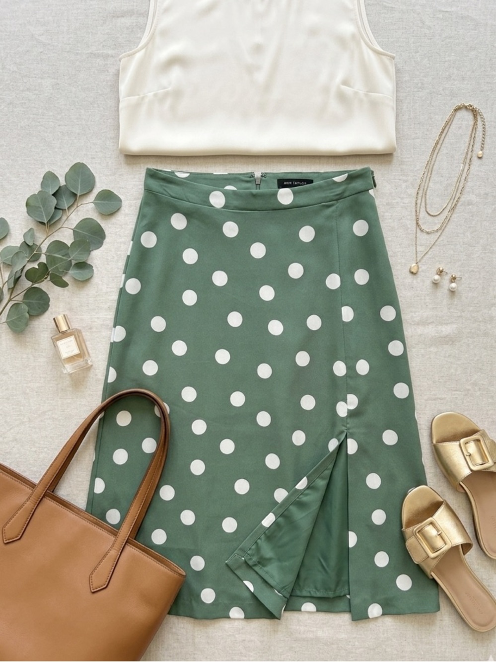 Ann Taylor Sage Neutral Green Polka Dot Midi Skirt with High Slit A Line Size 8